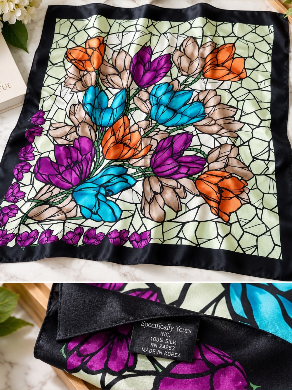 VTG Korea Specifically Yours 100% Silk Scarf Stained Glass Floral 31x31